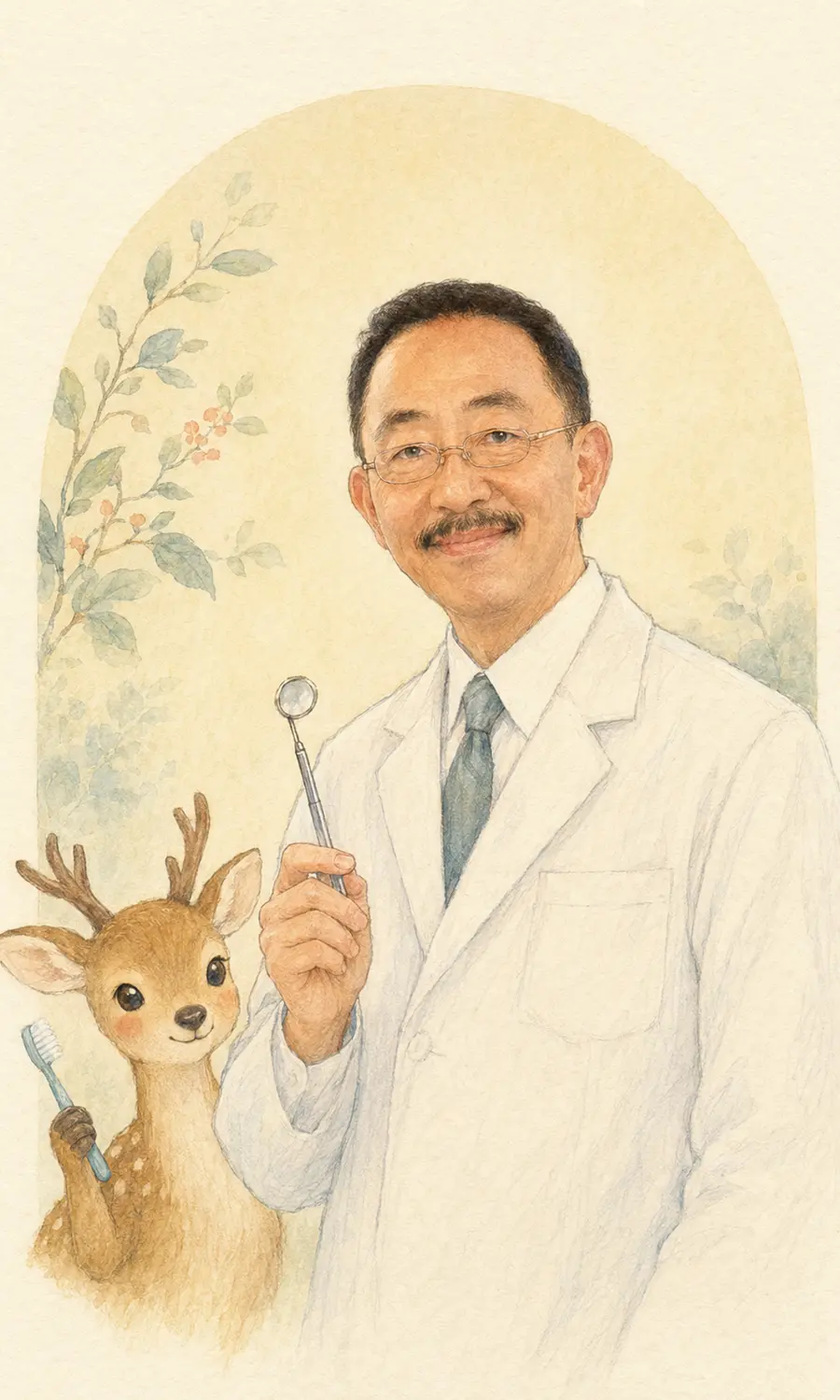 白衣姿の池尾小児歯科院長・池尾元三朗と、歯ブラシを持つ鹿さんの手描きイラスト